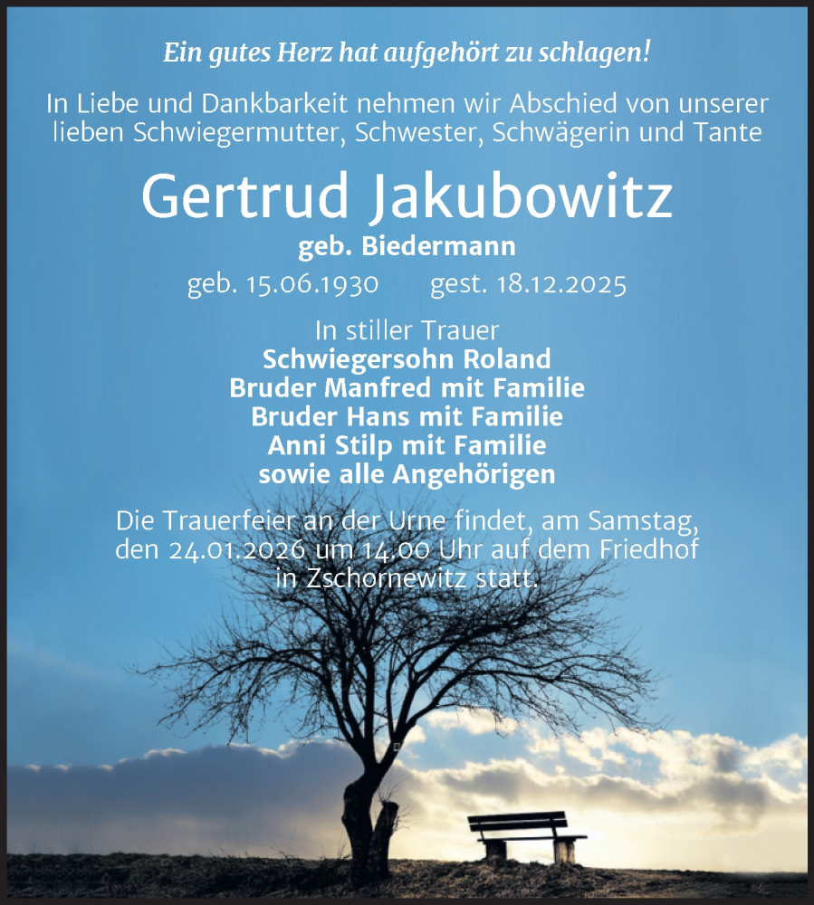  Traueranzeige für Gertrud Jakubowitz vom 10.01.2026 aus Trauerkombi Wittenberg