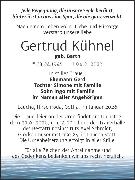 Traueranzeige von Gertrud Kühnel von Super Sonntag Naumburg/Nebra