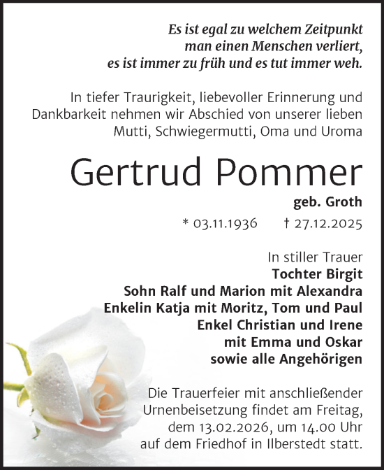 Traueranzeige von Gertrud Pommer von Trauerkombi Bernburg
