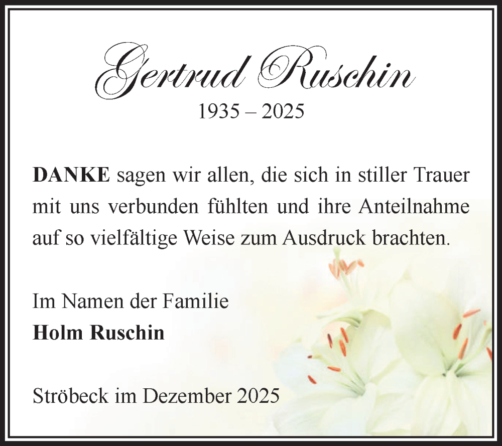  Traueranzeige für Gertrud Ruschin vom 10.01.2026 aus Volksstimme Halberstadt