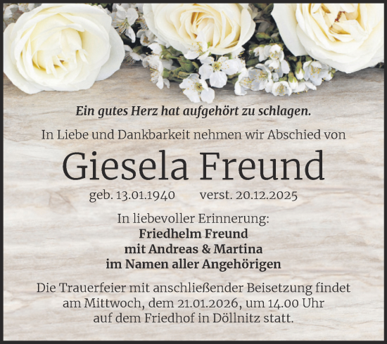 Traueranzeige von Giesela Freund von Mitteldeutsche Zeitung Halle/Saalkreis