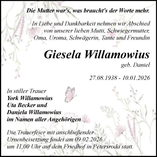 Traueranzeige von Giesela Willamowius von Trauerkombi Bitterfeld