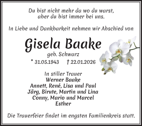 Traueranzeige von Gisela Baake von Volksstimme Magdeburg