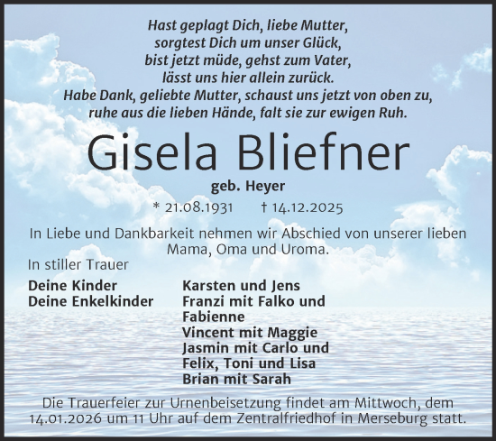 Traueranzeige von Gisela Bliefner von Trauerkombi Merseburg
