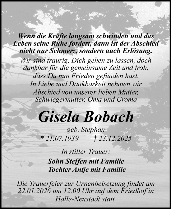 Traueranzeige von Gisela Bobach von Mitteldeutsche Zeitung Halle/Saalkreis