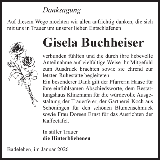 Traueranzeige von Gisela Buchheiser von Volksstimme Oschersleben/Wanzleben