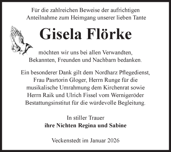 Traueranzeige von Gisela Flörke von Volksstimme Wernigerode