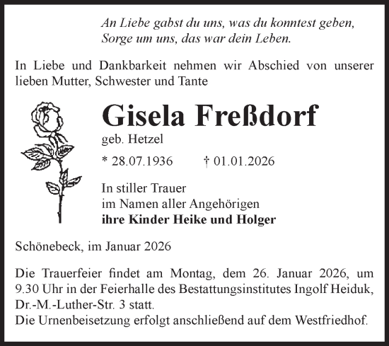 Traueranzeige von Gisela Freßdorf von Volksstimme Schönebeck