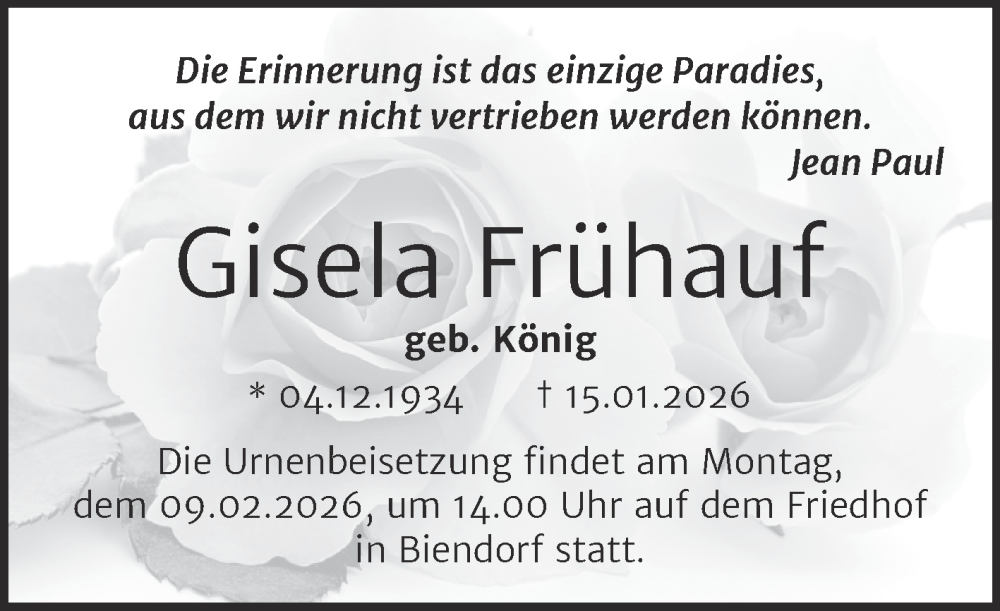 Traueranzeige für Gisela Frühauf vom 24.01.2026 aus Trauerkombi Bernburg