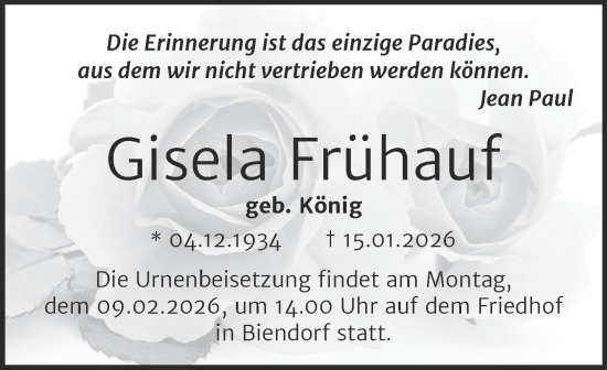 Traueranzeige von Gisela Frühauf von Trauerkombi Bernburg
