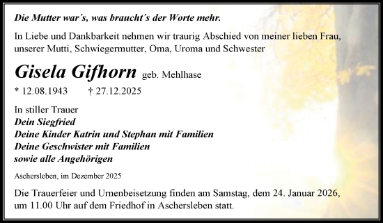 Traueranzeige von Gisela Gifhorn von Trauerkombi Aschersleben