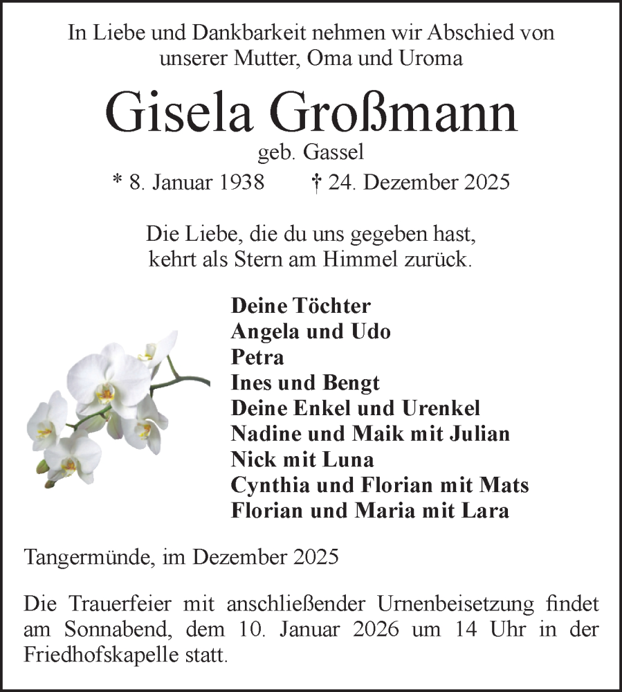  Traueranzeige für Gisela Großmann vom 03.01.2026 aus Volksstimme Altmark Ost