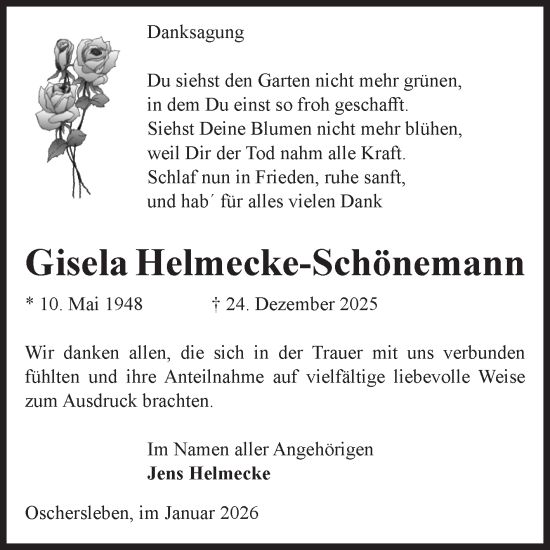 Traueranzeige von Gisela Helmecke-Schönemann von Volksstimme Oschersleben/Wanzleben