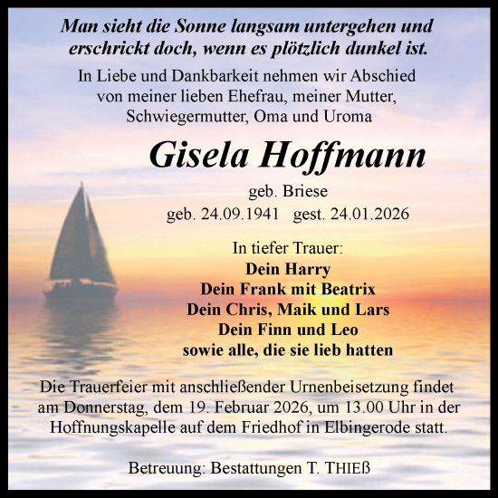 Traueranzeige von Gisela Hoffmann von Volksstimme Wernigerode