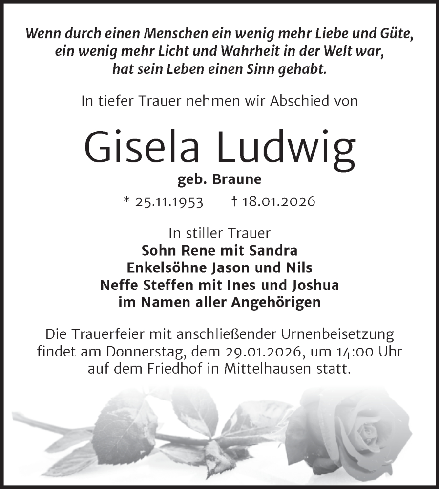 Traueranzeige für Gisela Ludwig vom 24.01.2026 aus Super Sonntag Sangerhausen
