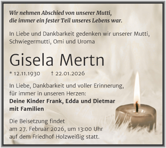Traueranzeige von Gisela Mertn von Trauerkombi Bitterfeld