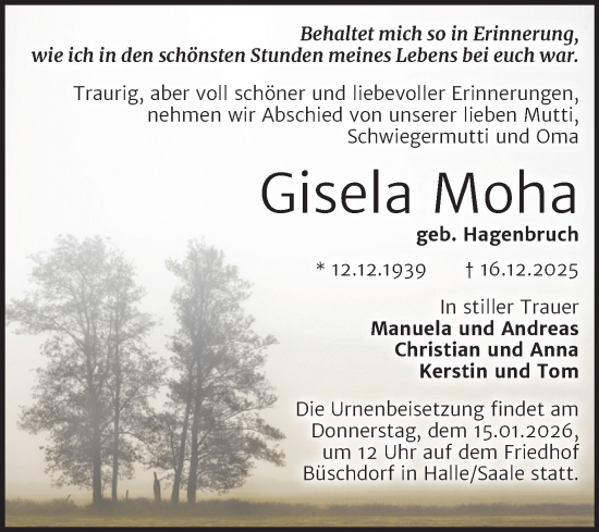 Traueranzeige von Gisela Moha von Mitteldeutsche Zeitung Halle/Saalkreis