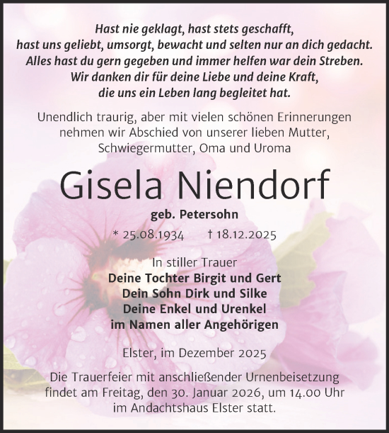 Traueranzeige von Gisela Niendorf von Trauerkombi Wittenberg