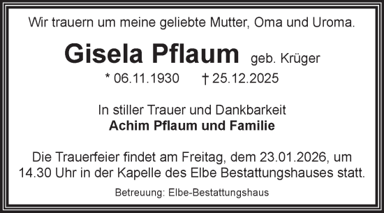 Traueranzeige von Gisela Pflaum von Volksstimme Magdeburg