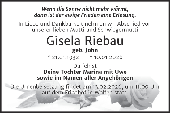 Traueranzeige von Gisela Riebau von Trauerkombi Bitterfeld