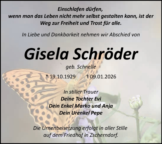 Traueranzeige von Gisela Schröder von Trauerkombi Quedlinburg