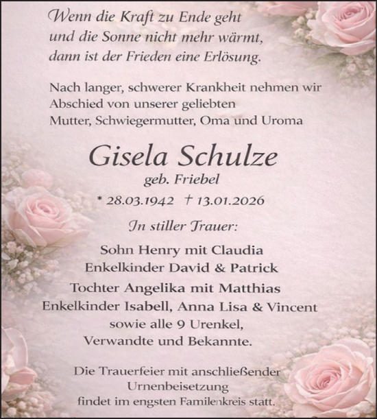Traueranzeige von Gisela Schulze von Trauerkombi Bitterfeld