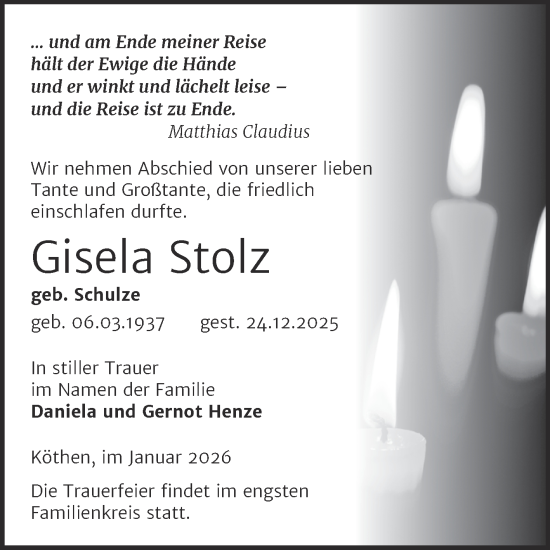 Traueranzeige von Gisela Stolz von Trauerkombi Köthen