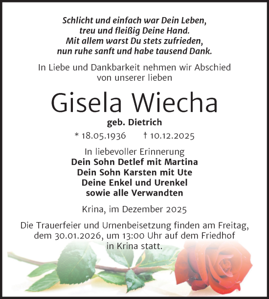 Traueranzeige von Gisela Wiecha von Trauerkombi Bitterfeld