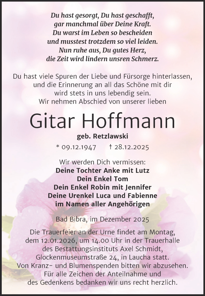  Traueranzeige für Gitar Hoffmann vom 10.01.2026 aus Super Sonntag Naumburg/Nebra