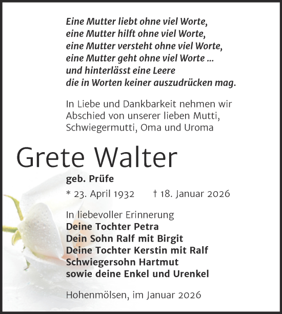 Traueranzeige von Grete Walter von Trauerkombi Weißenfels