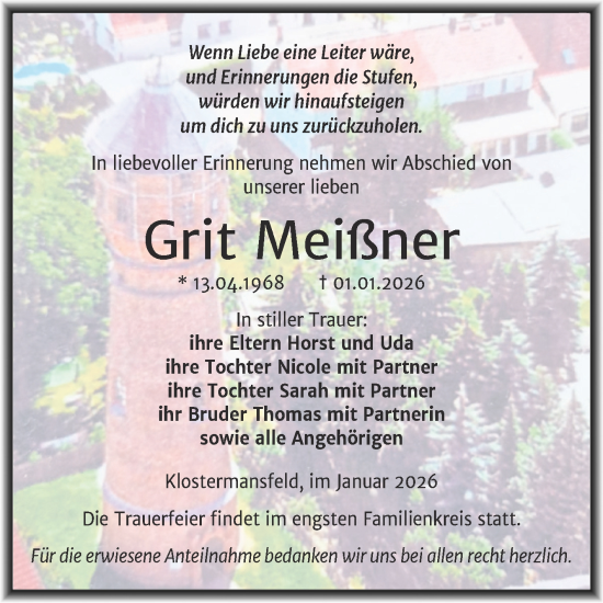 Traueranzeige von Grit Meißner von Trauerkombi Mansfelder Land
