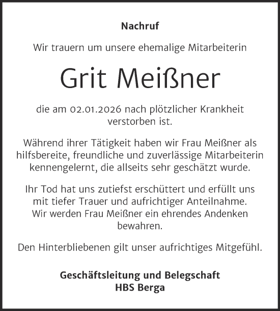 Traueranzeige von Grit Meißner von Mitteldeutsche Zeitung Sangerhausen