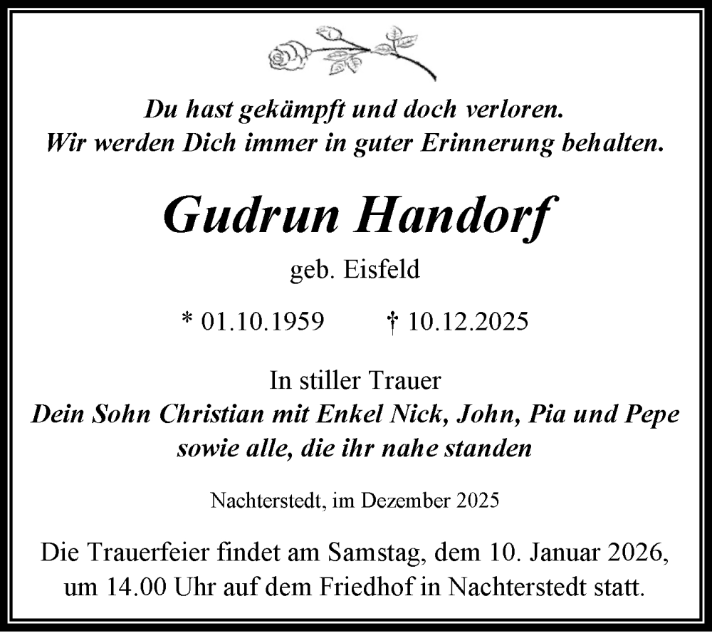  Traueranzeige für Gudrun Handorf vom 03.01.2026 aus Trauerkombi Aschersleben