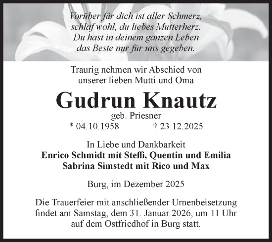 Traueranzeige von Gudrun Knautz von Volksstimme Burg/Genthin