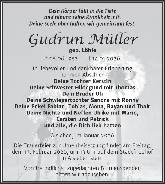 Traueranzeige von Gudrun Müller von Trauerkombi Bernburg