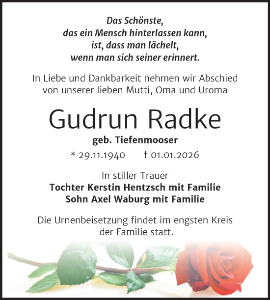 Traueranzeige von Gudrun Radke von Trauerkombi Wittenberg
