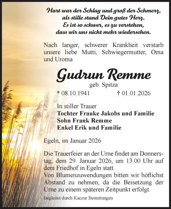Traueranzeige von Gudrun Remme von Volksstimme Staßfurt