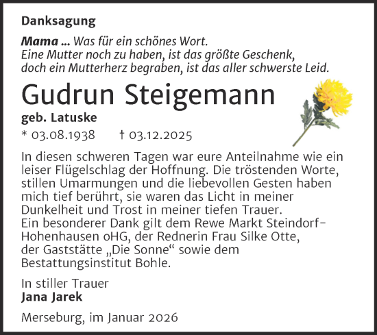 Traueranzeige von Gudrun Steigemann von Trauerkombi Merseburg