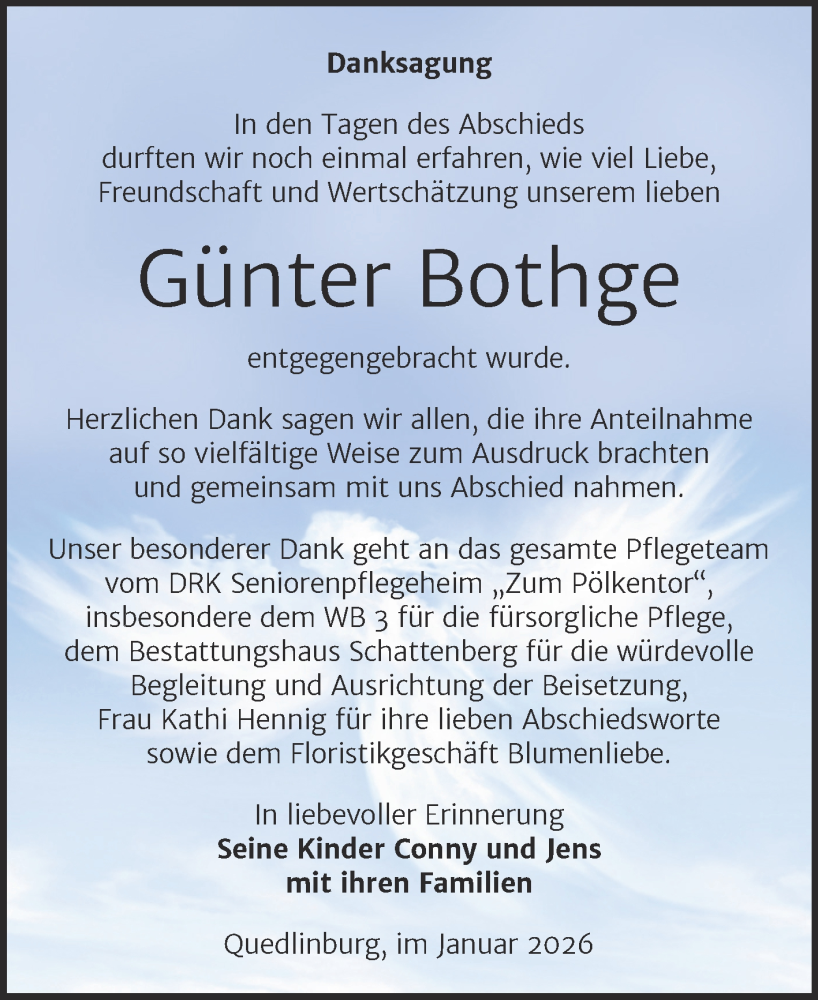  Traueranzeige für Günter Bothge vom 31.01.2026 aus Trauerkombi Quedlinburg
