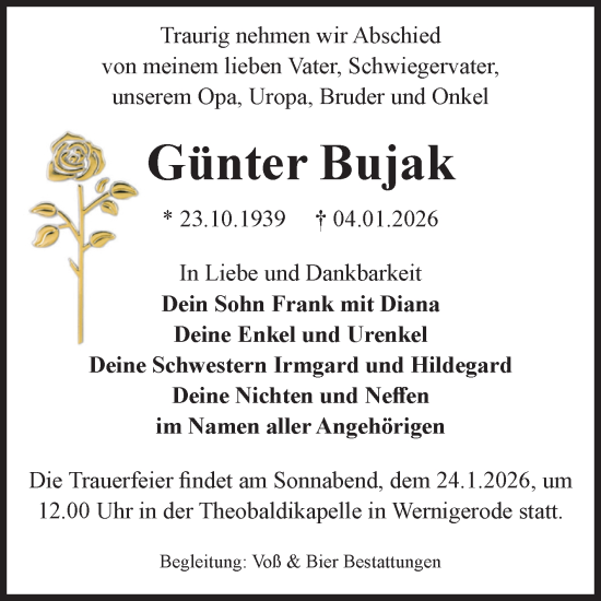 Traueranzeige von Günter Bujak von Volksstimme Wernigerode