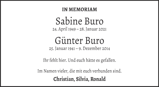 Traueranzeige von Günter Buro von Trauerkombi Bernburg