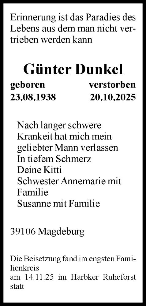 Traueranzeige von Günter Dunkel von Volksstimme Haldensleben/Wolmirstedt