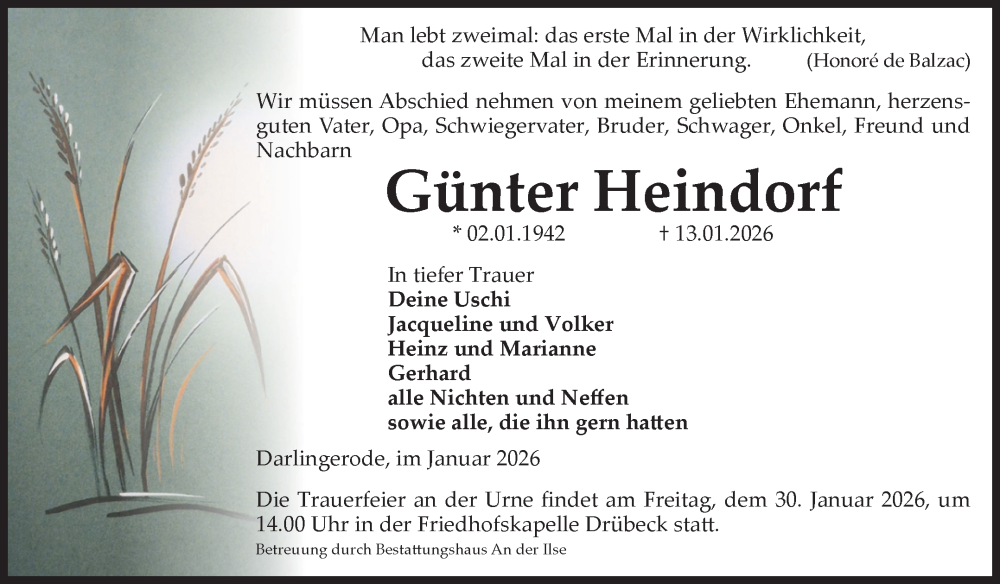  Traueranzeige für Günter Heindorf vom 24.01.2026 aus Volksstimme Wernigerode