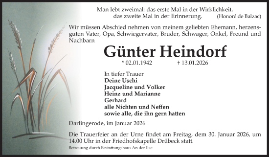 Traueranzeige von Günter Heindorf von Volksstimme Wernigerode