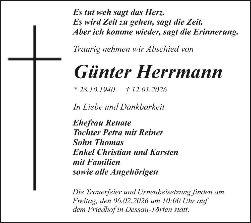  Traueranzeige für Günter Herrmann vom 31.01.2026 aus Trauerkombi Dessau