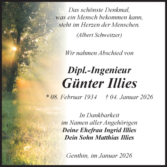 Traueranzeige von Günter Illies von Volksstimme Burg/Genthin