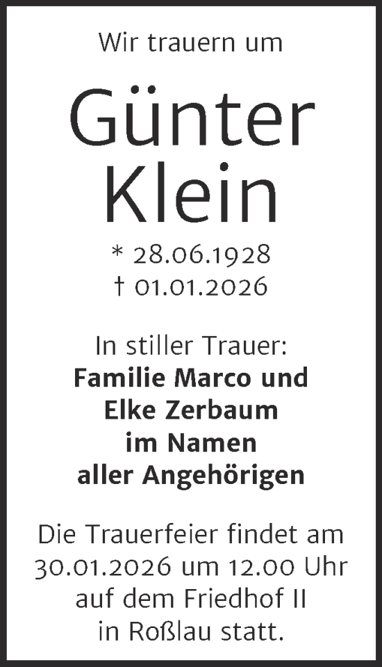 Traueranzeige von Günter Klein von Trauerkombi Dessau