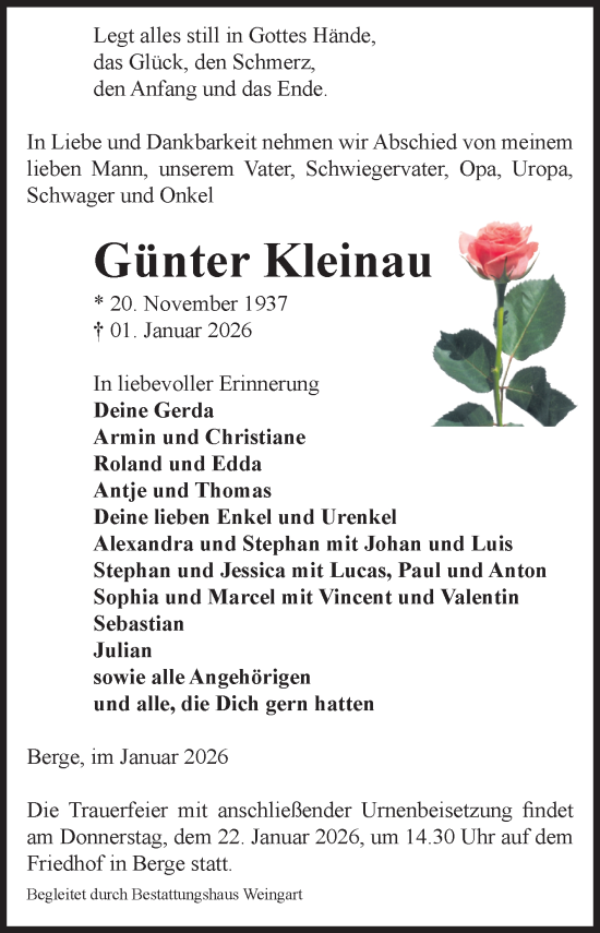 Traueranzeige von Günter Kleinau von Volksstimme Altmark West