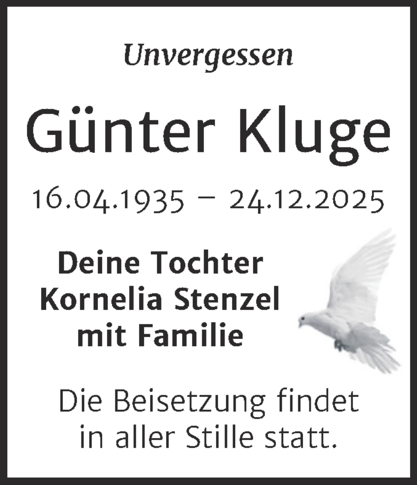  Traueranzeige für Günter Kluge vom 24.01.2026 aus Trauerkombi Wittenberg