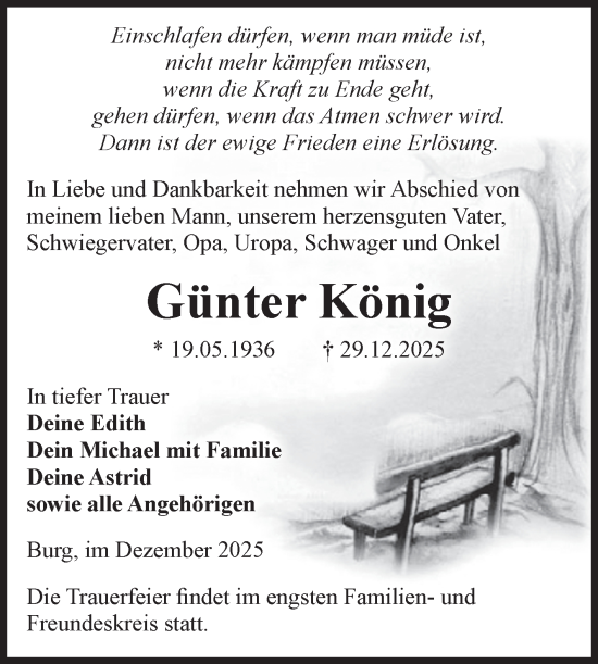 Traueranzeige von Günter König von Volksstimme Burg/Genthin